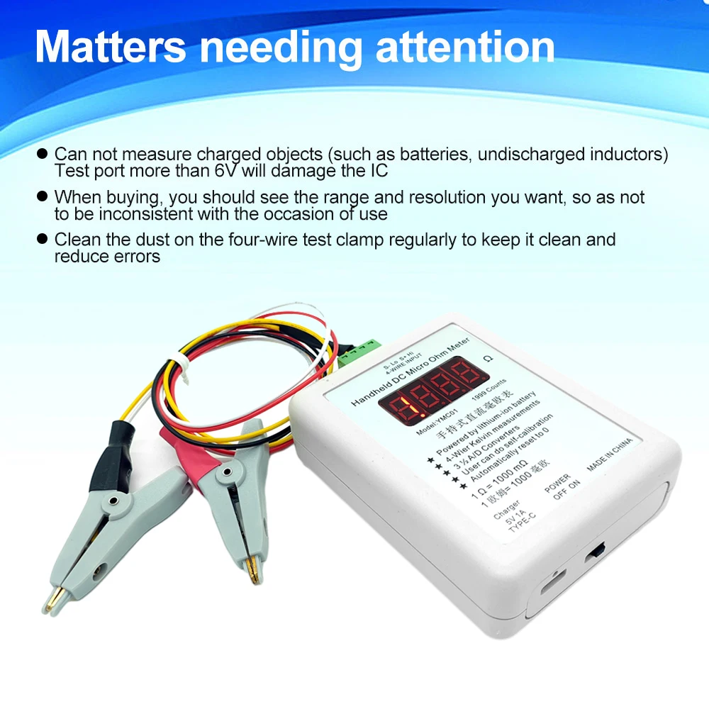 Imagem -04 - Handheld Alta Precisão Miliohm Medidor Fios Ohmmeter Resistência Wireline Detectando Baixa Resistência Micro Resistência Medidor Ymc01