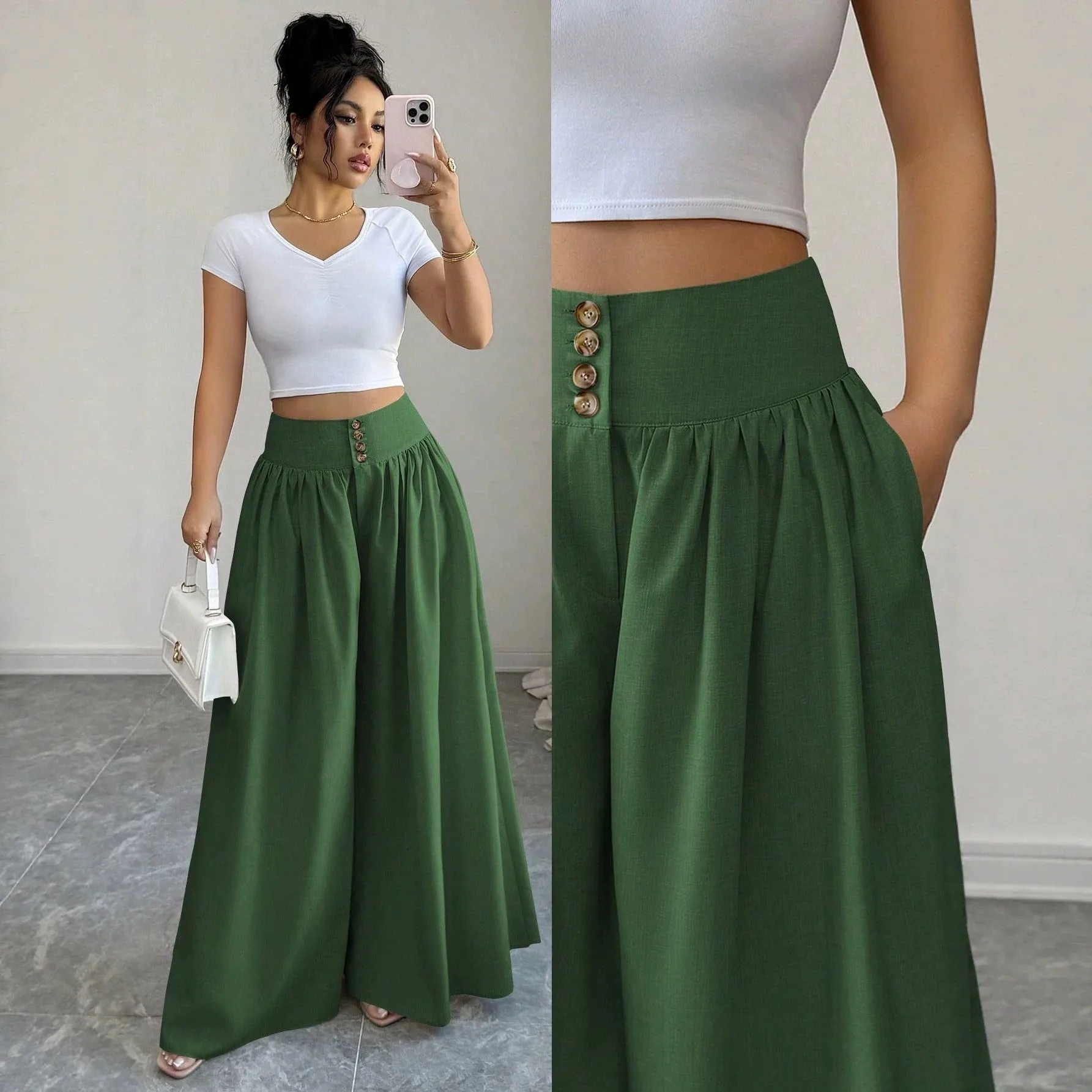 Women's High Waist Loose Fit Full Length Pleated Pants with Pockets Wrinkle Resistant Drape Women Clothing Female Clothing