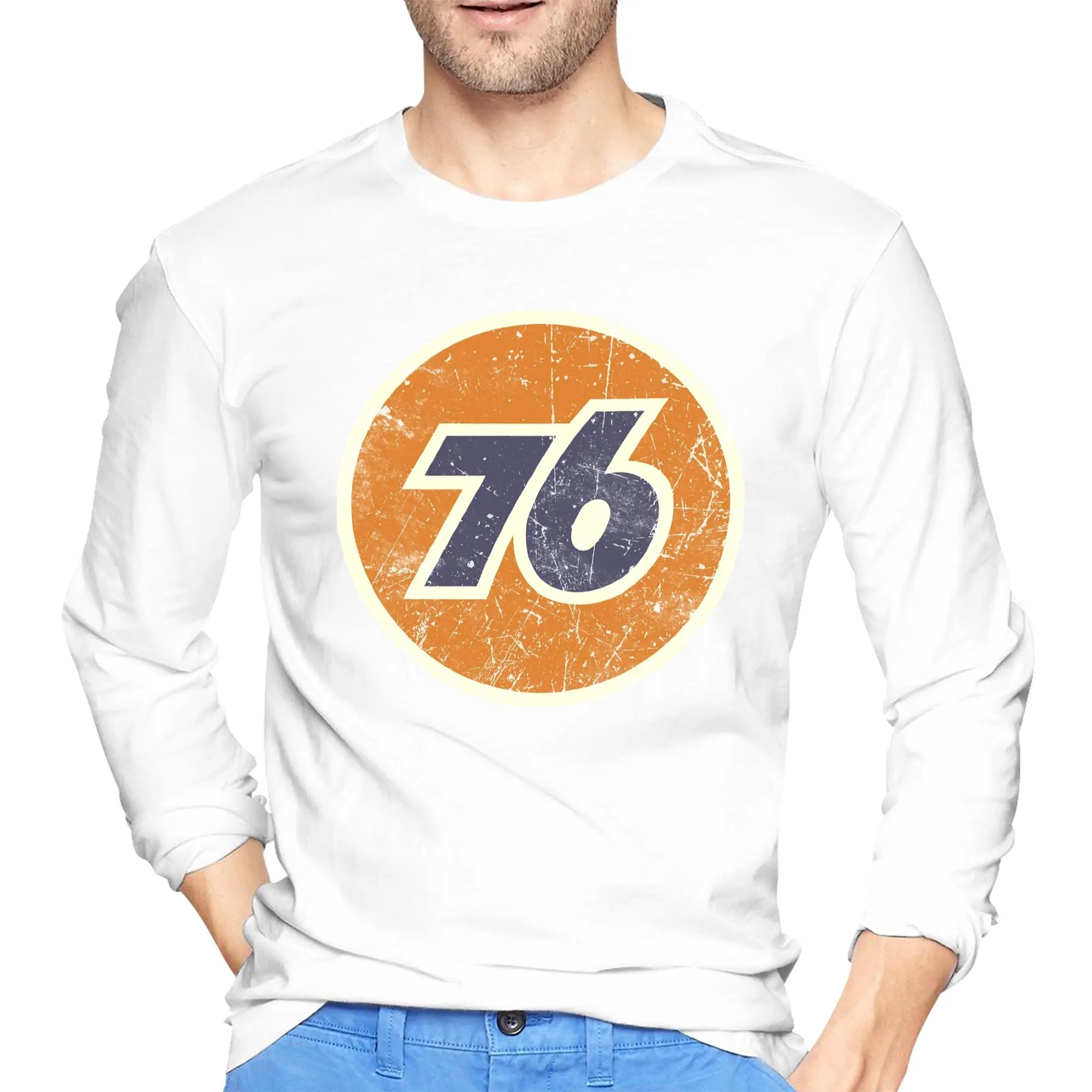 

76 Oil Union Vintage Men's Long Sleeved T-shirt Casual Round Neck T shirts Spring and Autumn Men tops