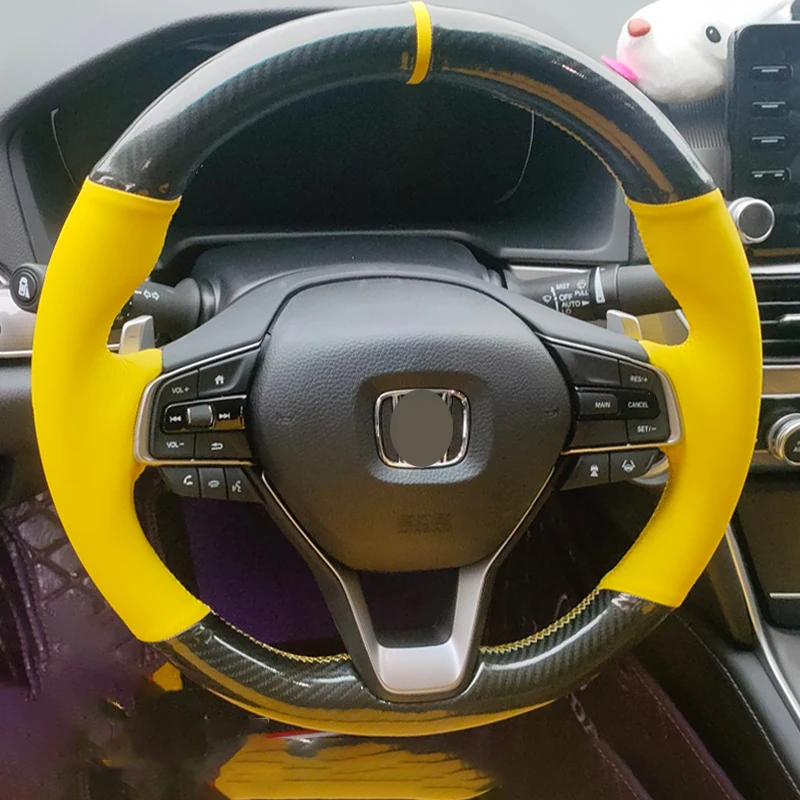 For Honda Accord 10 2018 2019 Insight 2019 DIY Hand-stitched Black carbon fiber Yellow leather Car Steering Wheel Cover