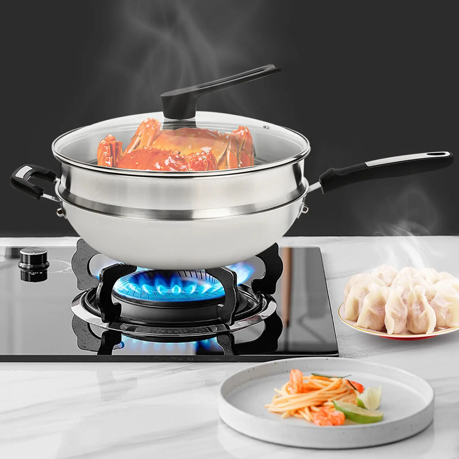 

Large Cooking Nonstick Honeycomb Wok Pan W/Lid & Stainless Steel Steamer Pot Usa