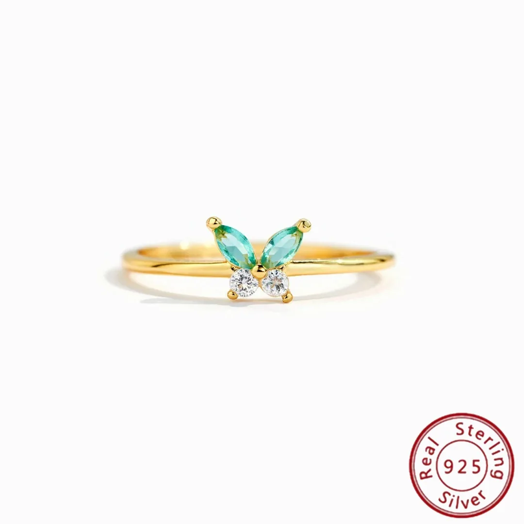 S925 Pure Silver Butterfly Colored Treasure Diamond Inlaid Ring for Women with A Sense of Luxury, Fashionable European and American Style Food Ring