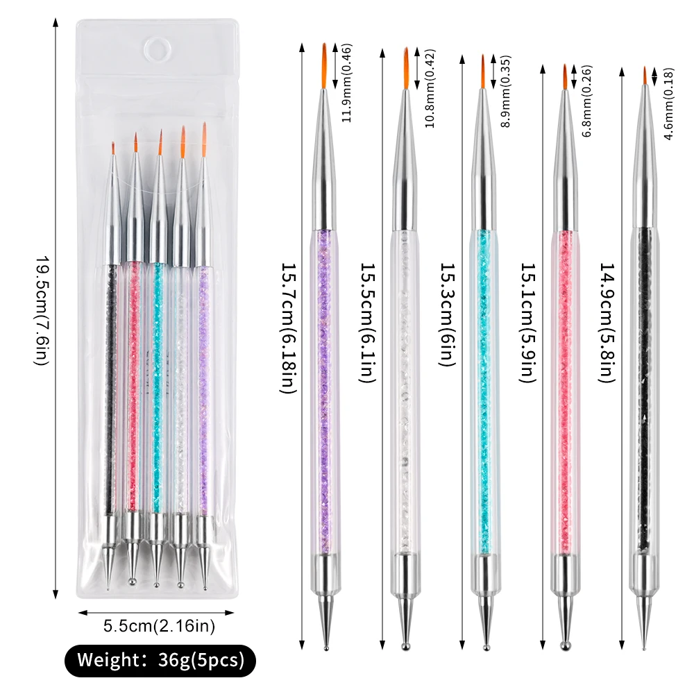 5PCS Double-End Nail Design Brushes Dotting Pen,Multifunctional Liner Brush for Nails Gel Polish Painting Brush for Ombre Nails