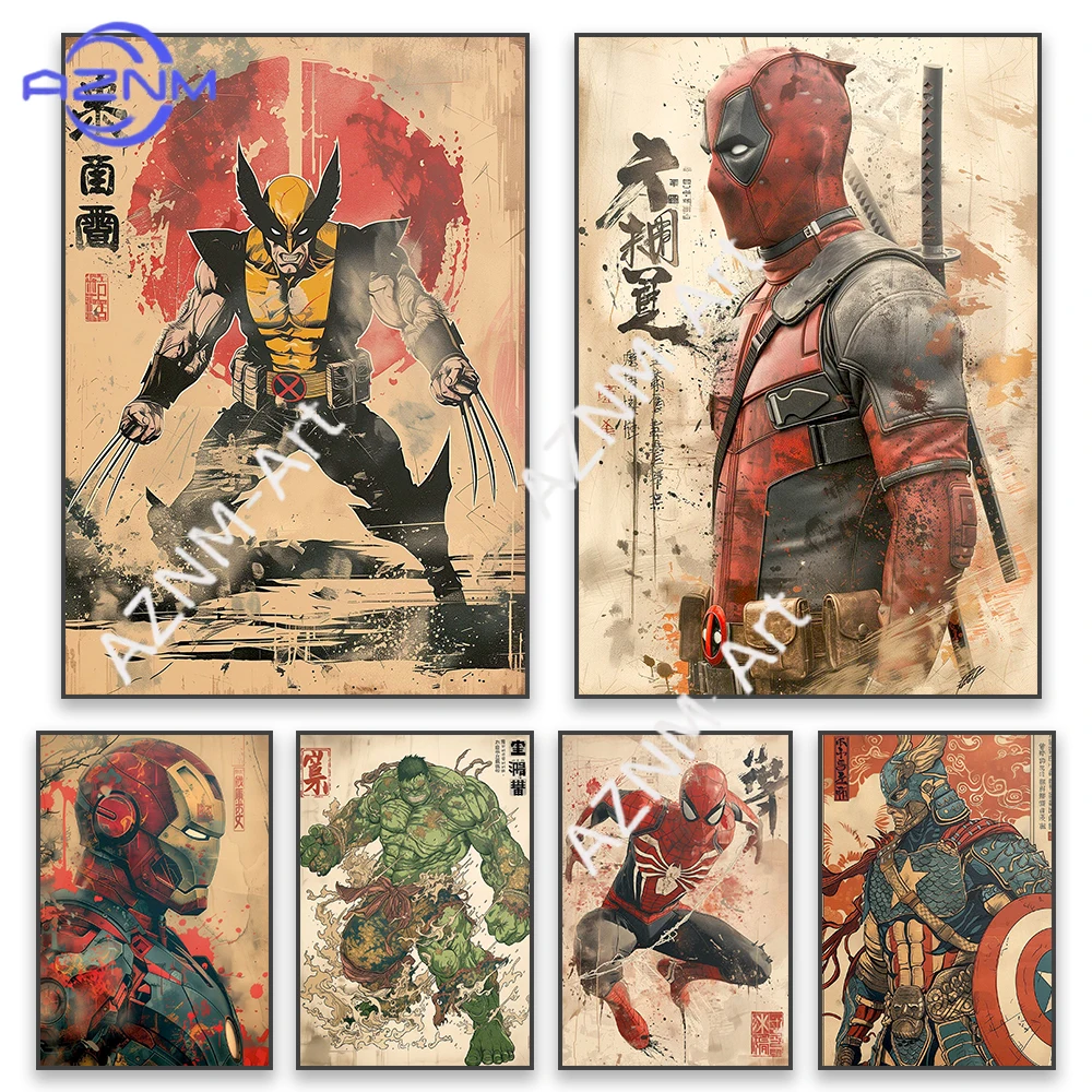 Póster Artístico de Deadpool y Wolverine, Impresiones Clásicas de Superhéroes al Estilo Japonés, Pintura en Lienzo de Iron Man y Spider-Man para Decoración