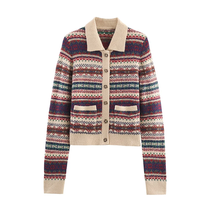 

Multicolored Jacquard knit Cardigan Women Front Button Lapel Collar With Pockets Crop Outerwear Female Spring Autumn