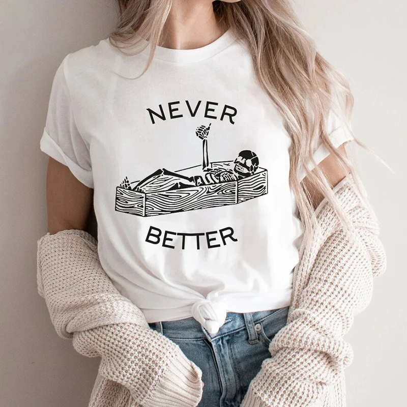 Never Better Women T Shirts Cotton Short Sleeve Skull Graphic Tee Korean Halloween Tshirt Loose Witch Skeleton T-shirt Female