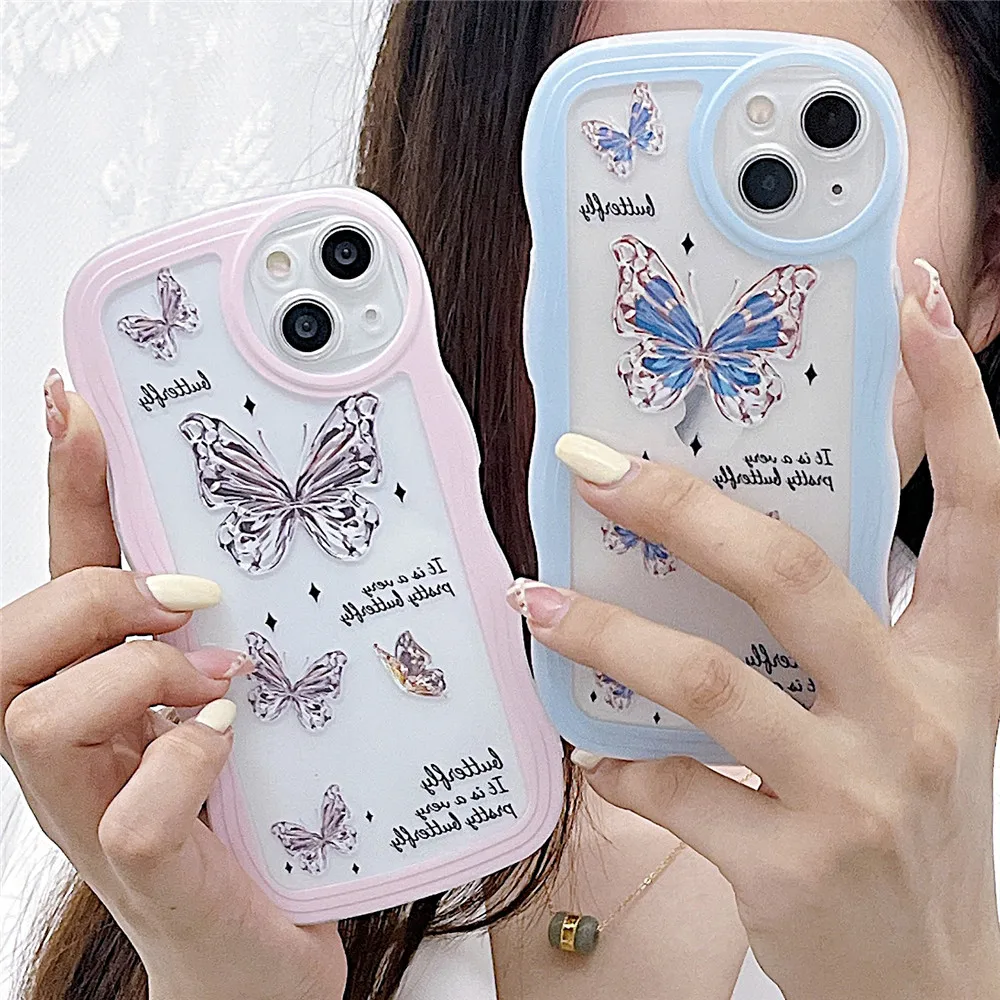 Luxury Jewelry Butterfly Wavy Edge Case For Samsung A54 A34 A14 A24 A04 A04S A53 A33 A73 A23 A52S A32 A72 A51 Soft Silicon Cover