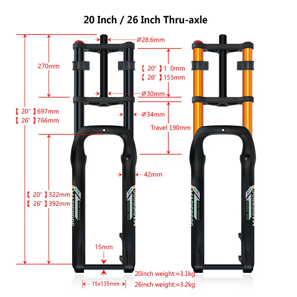 20x4.0 26*4.0 MTB Dual-Motor Luftfederungsgabel QR 9*135mm 15*135mm Strand Schnee Motorrad Elektro E-Bike Doppelkronen-Luftgabel – Detail 4