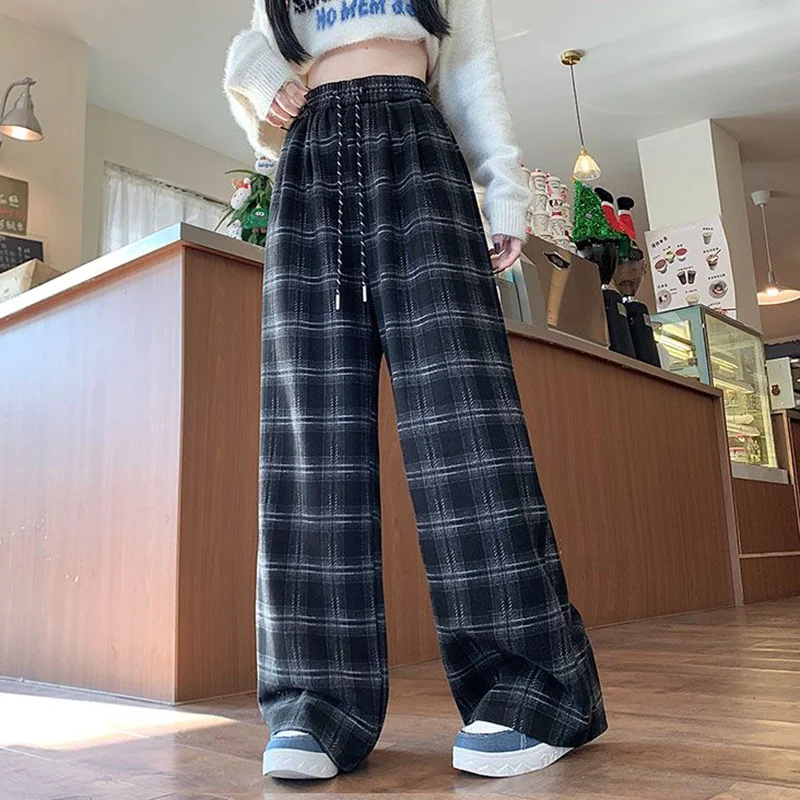 Pantalones de cintura alta a cuadros a la moda Retro para mujer, pantalones coreanos elegantes de cintura alta para niñas, pantalones de pierna recta holgados cómodos para mujer