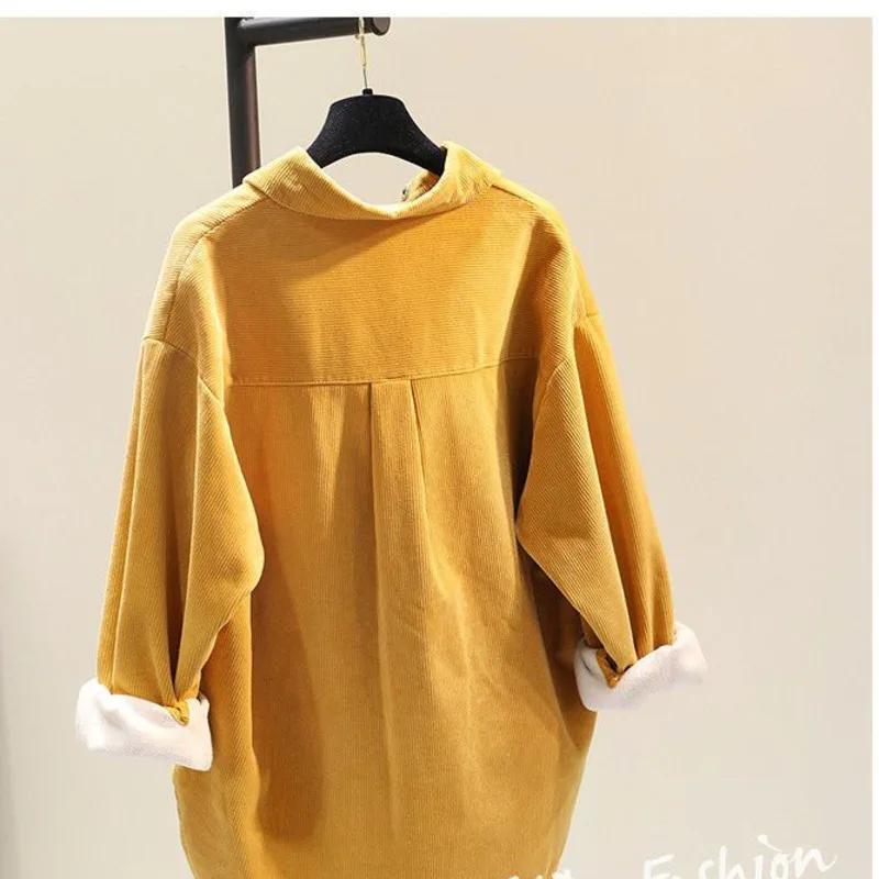 Women Fleece-Lined  Blouse Autumn Warm Long Sleeve Tops 2025 Winter Retro Solid Loose Shirt Female Work Tunic Blusas Mujer