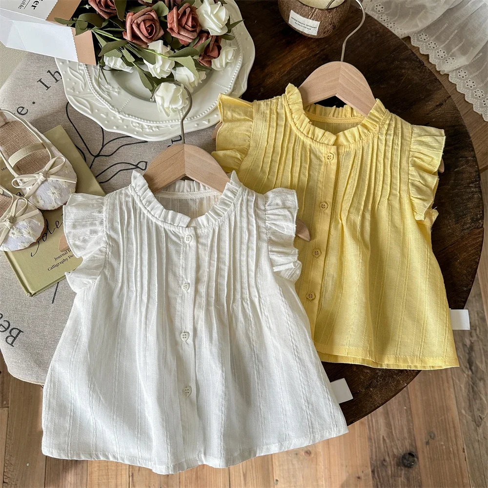 

Baby Girls Shirts Summer Flying Sleeve Solid Color Ruffles Blouse 2025New Casual Sleeveless Vest 2-8Years Old Tops