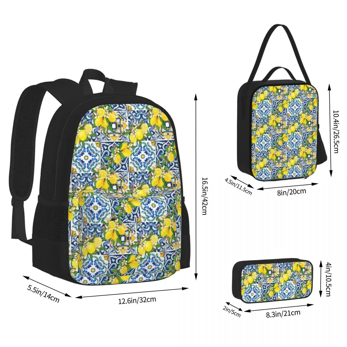 Mediterranean Sicilian Tiles With Citrus Lemons Backpacks Kids Bookbag School Bags Rucksack Lunch Bag Pen Bag Three-Piece Set