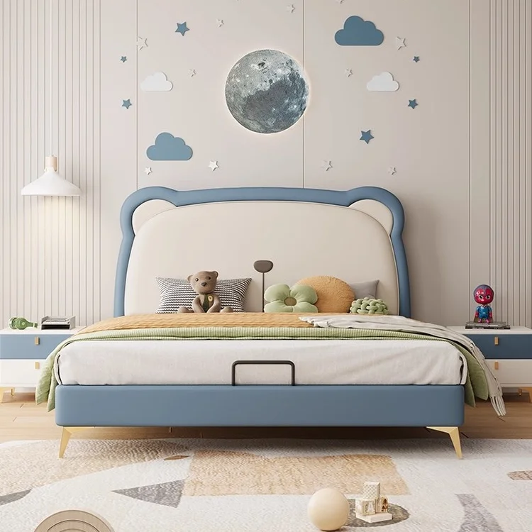 Modern Creative Leather Teddy Bear Headboard Wooden Frame Children's Bed 1.8-meter Double Princess Bed Comfortable Soft Bed Room
