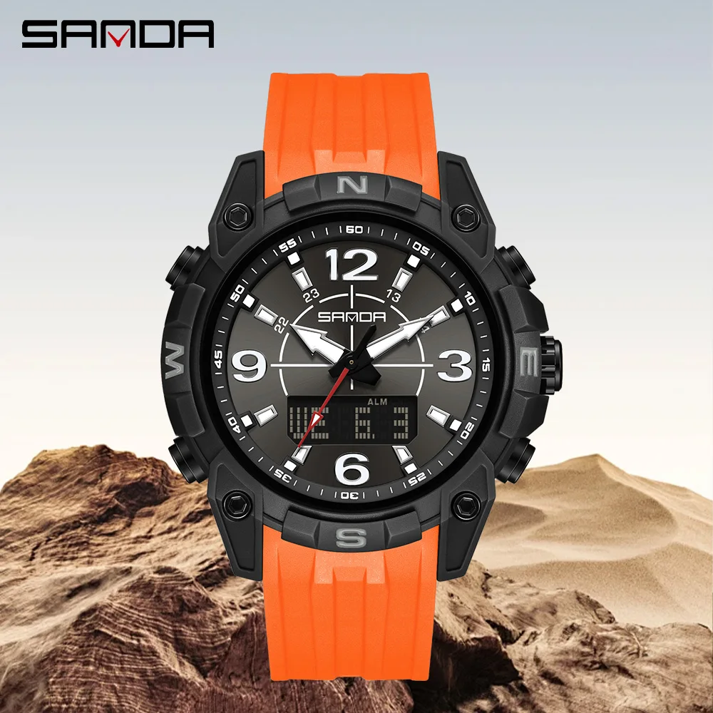 SANDA 6393 New Men's Electronic Watch Multi Functional Night Light Alarm Clock Waterproof Cool Male and Female Student Watch