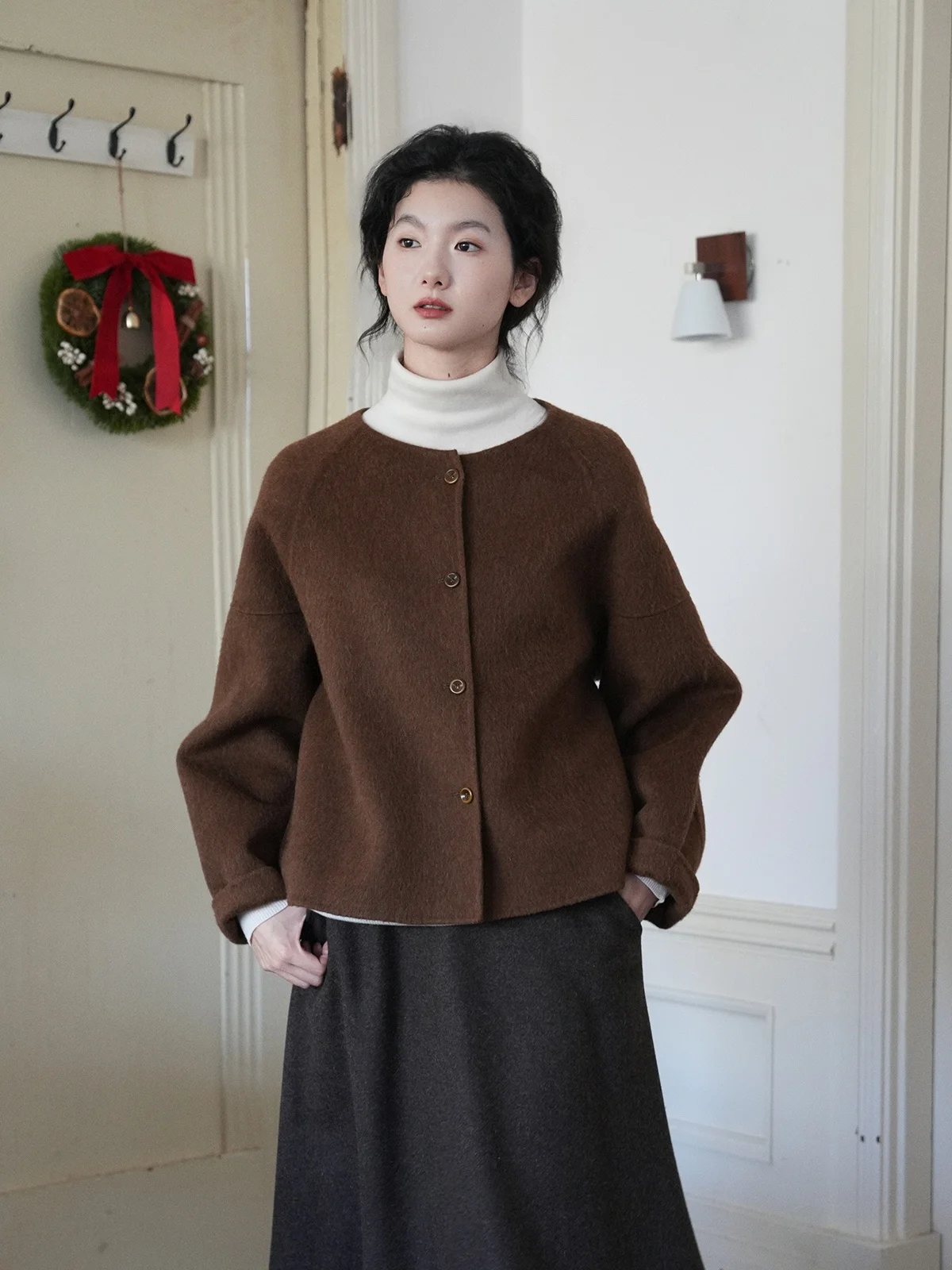 

Double-Sided Woolen ort Coat round Ne Warm Winter Mocha DAILY CLOSET Korean Sle Straight Cut Polyester Lined Thiened ...