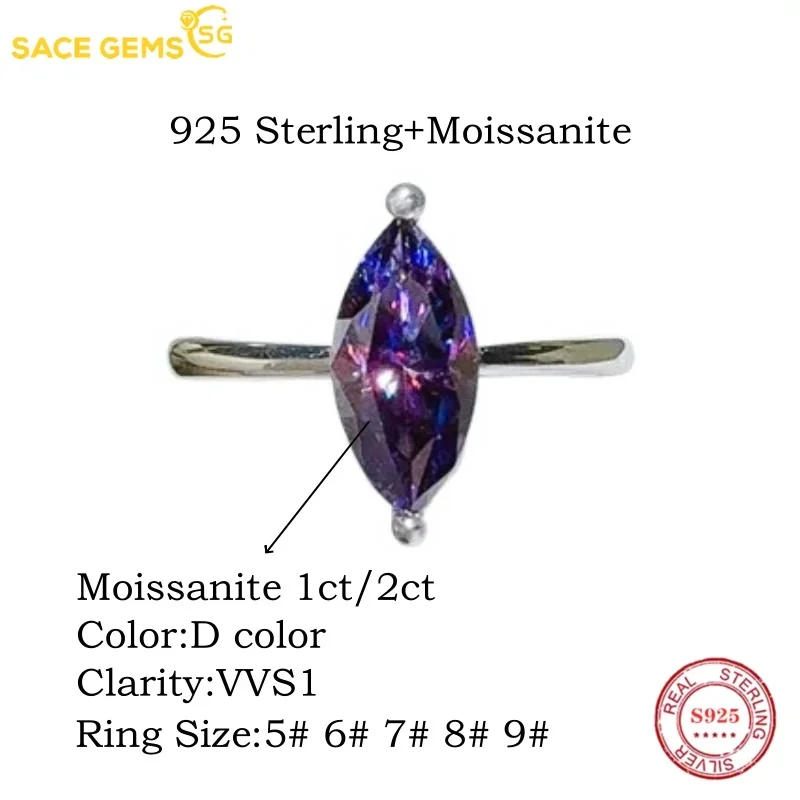 SACE GEMS nowe luksusowe 925 srebro prawdziwe certyfikat GRA 1-2CT Moissanite pierścionki z biżuterią dla kobiet zaręczyny obietnica ślubna