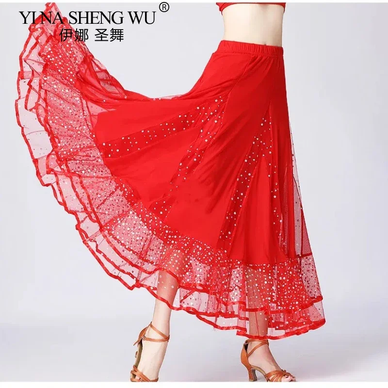 Women Flamenco Dance Skirt Sequins Spanish Tango Ballroom Big Swing Costume Waltz Stage Performance Skirt for Modern Dance Skirt