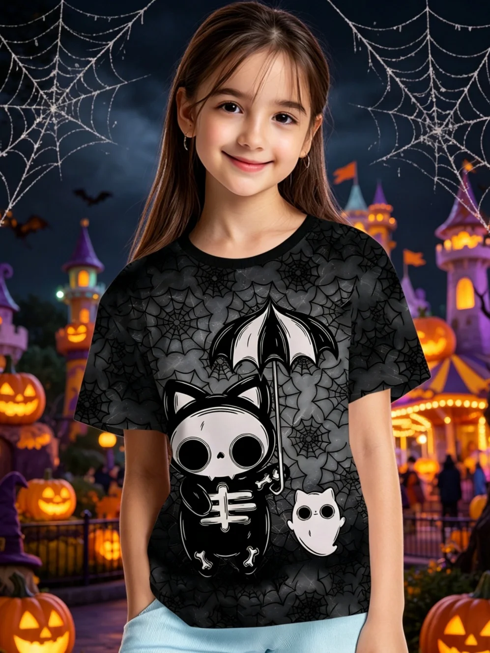 Fun Holiday Cat Pumpkin Print Halloween Theme Cute Girls Casual Wear Top Street Style Round Neck Short Sleeve Kids Clothes Girls