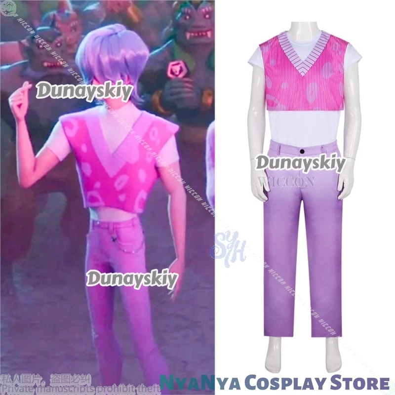 사자 보이즈 미스터리 코스프레 케이팝 데몬 아이돌 의상 반팔 상의 핑크 화이트 레오파드 프린트 Y2K 핑크 바지 할로윈 코스프레