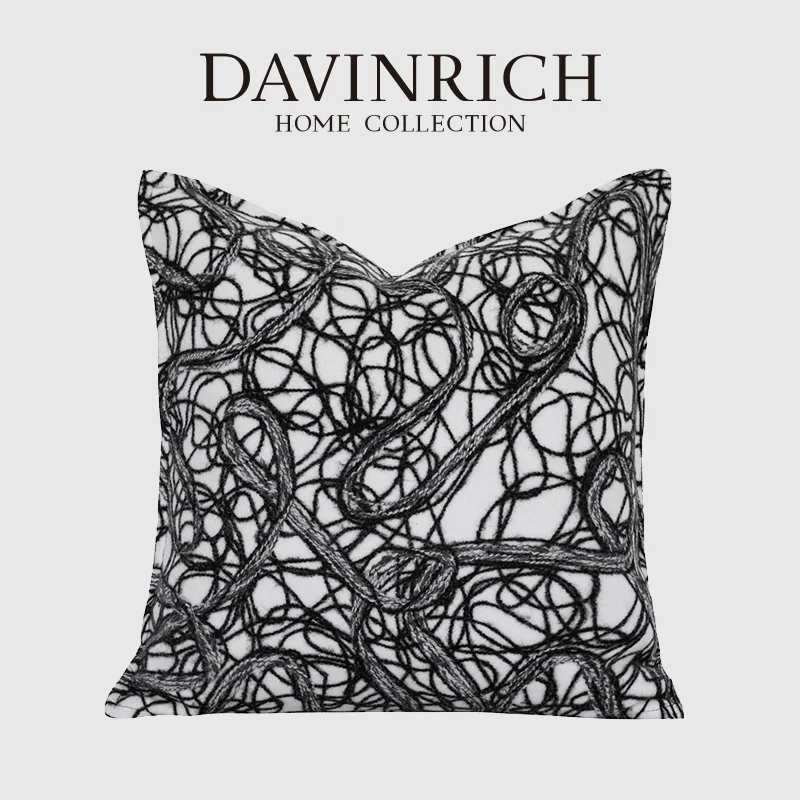 DAVINRICH Abstract Throw Pillow Cover Designer Art Modern Upholstery Black And White Woollen Loops Decorative Cushion Case 45x45