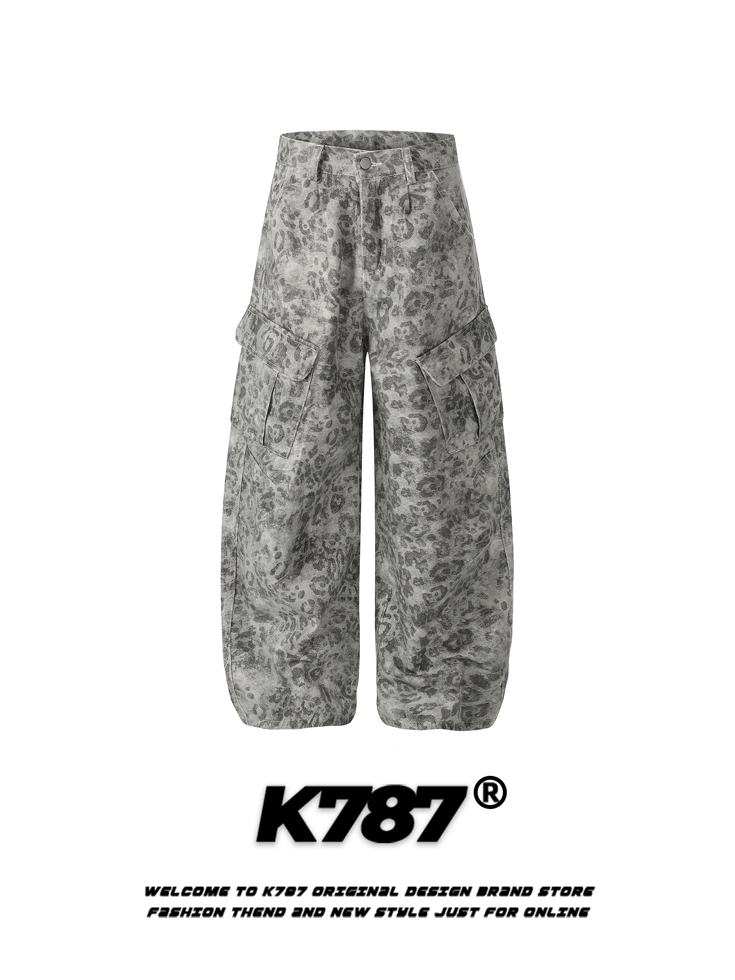 

K787 American Retro Multi-Pocket Leopard Print Work Pants Loose Slimming High Waist Floor-Length Casual Trousers for Men And ...