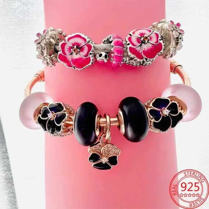 Baru 925 Sterling Silver ungu Murano Bead Pansy bunga menjuntai pesona cocok Asli Pandora kalung perhiasan hadiah Hari Ibu