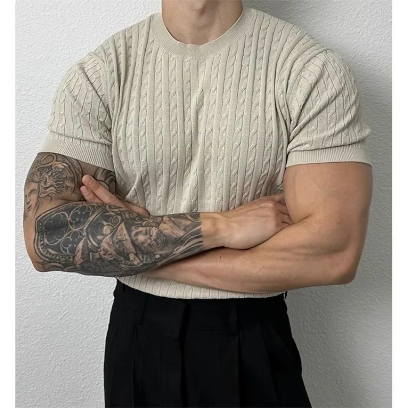 Letni cienki sweter z dzianiny z okrągłym dekoltem i krótkim rękawem Męski luźny trend Wszechstronny elastyczny T-shirt — zdjęcie 7