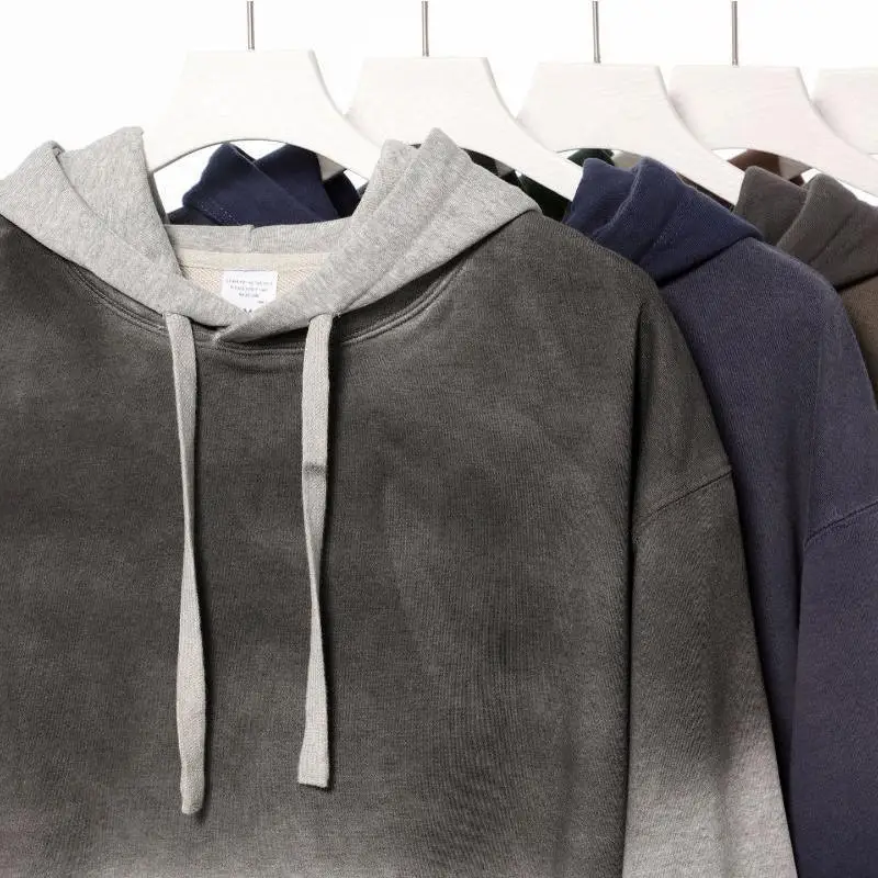370g Vintage Washed Gradient Hooded Sweatshirt With Personalized Logo For Men Featuring A Large Looped Hood And Jacket