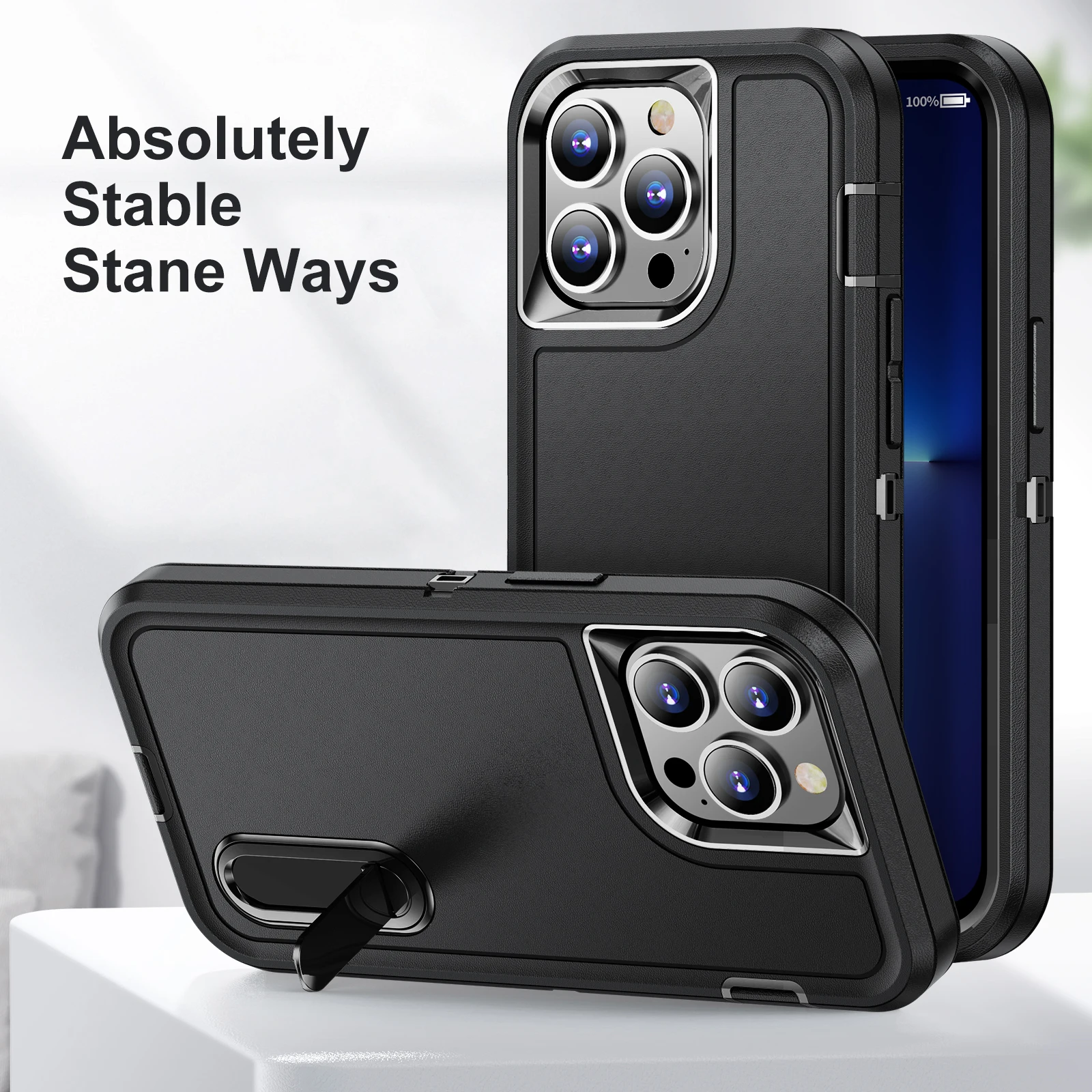 Para iPhone 14 15 16 funda protectora de grado militar funda trasera con soporte formas de Stane absolutamente estables armadura pesada fundas a prueba de golpes
