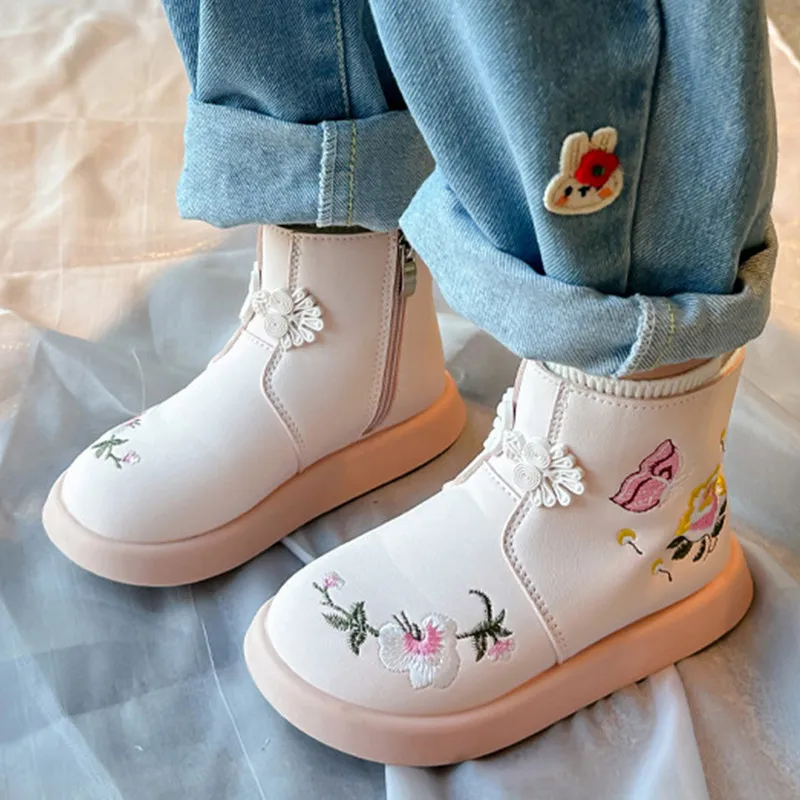 

Girls Leather Ankle Boots Floral Embroidery Side Zipper Dress Booties for Christmas,New Year