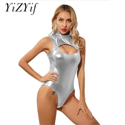 Women Shiny Metallic Sleeveless Gymnastics Leotard Bodysuit Nightclub Party Festival Rave Stage Performance Pole Dance Costume