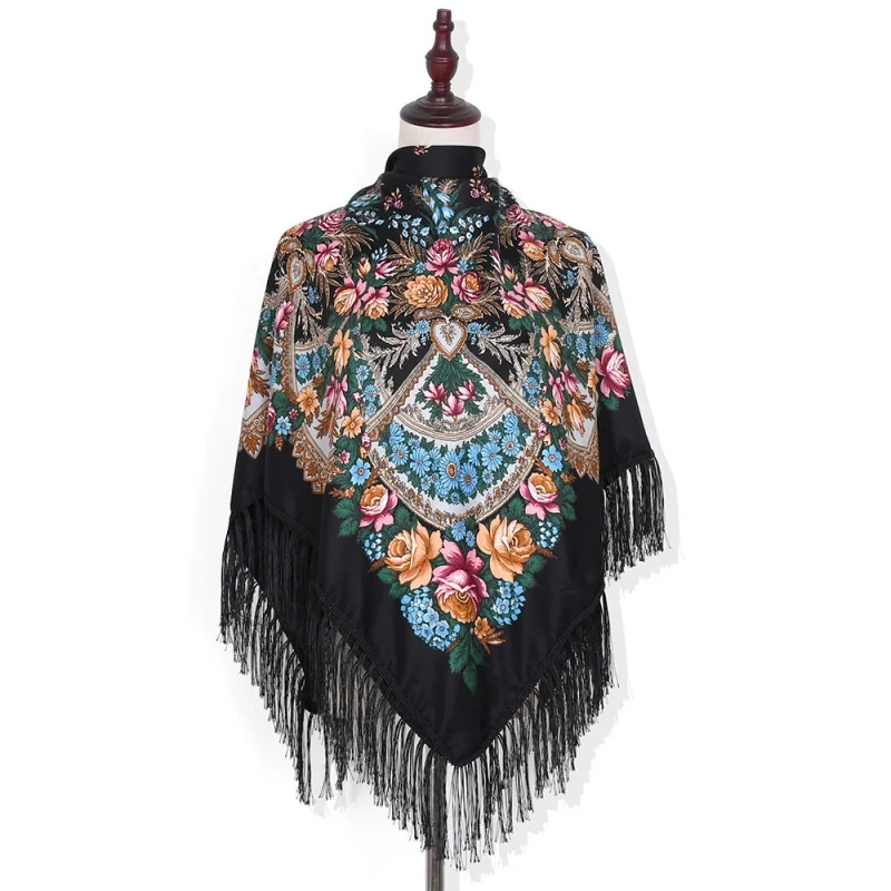 

Russian Ram Cotton Shawl Big Turban Women's Xinjiang Travel Ethnic Style Scarf Sunscreen Printed Tassel