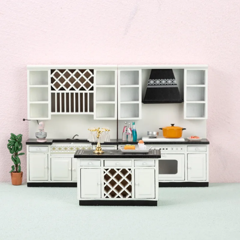 

1/12 Dollhouse White Modern Kitchen Cabinet Three Piece Set Miniature Kitchen Playhouse Model Ornament BJD Doll Decoration Toy