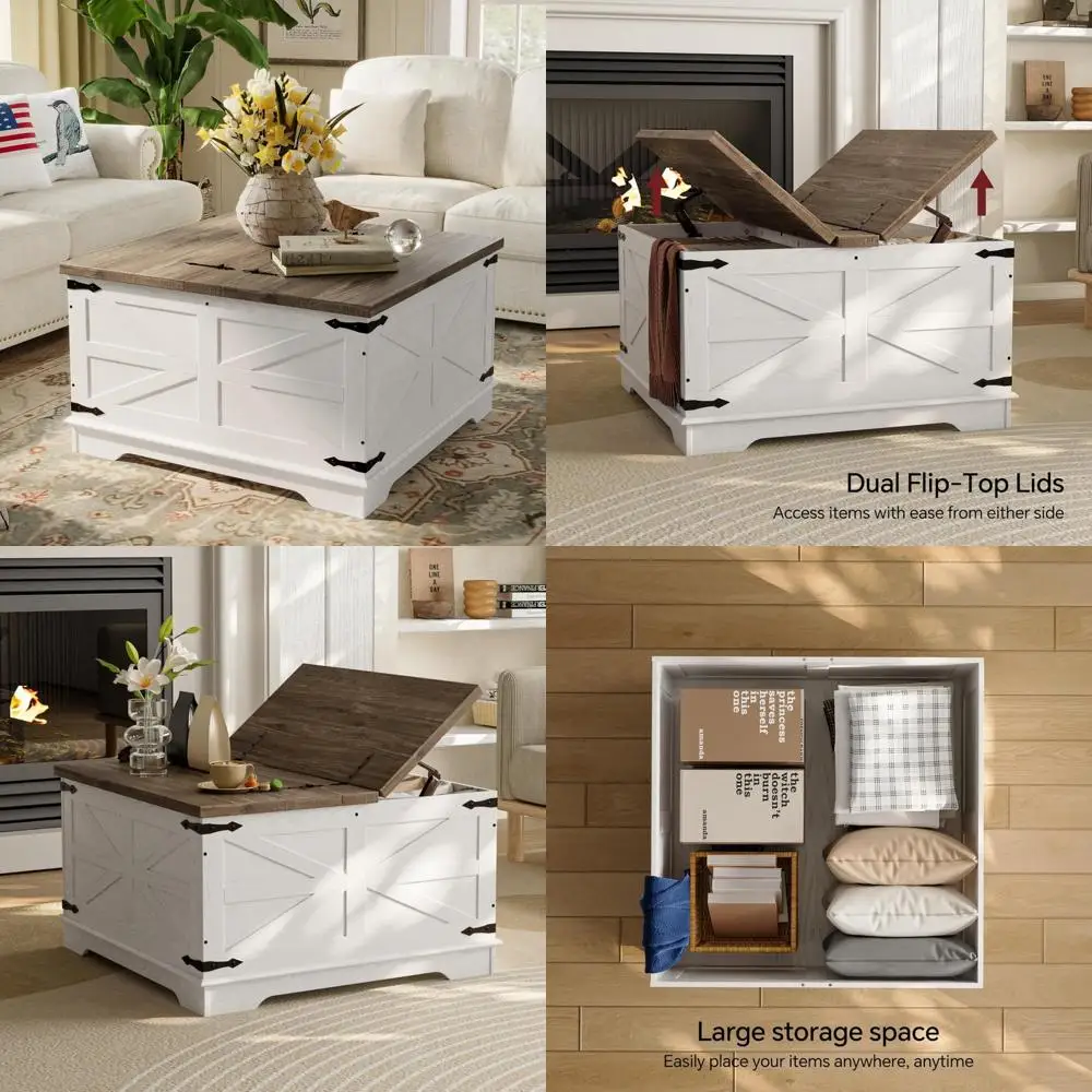 طاولة قهوة متينة للتخزين، طاولة مركزية خشبية مربعة لغرفة المعيشة مع غطاء قابل للسحب، تصميم عالي التحمل للاستخدام اليومي