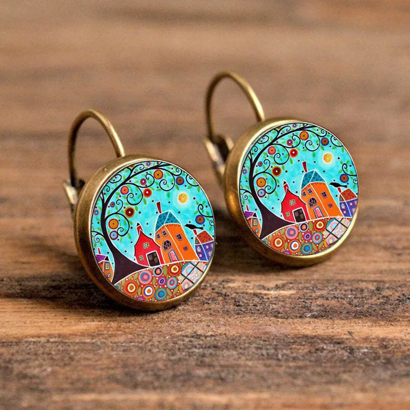 Fashion Jewelry Dome Glass Alloy Earrings Beautiful House Pattern Bronze Color Creative Gifts