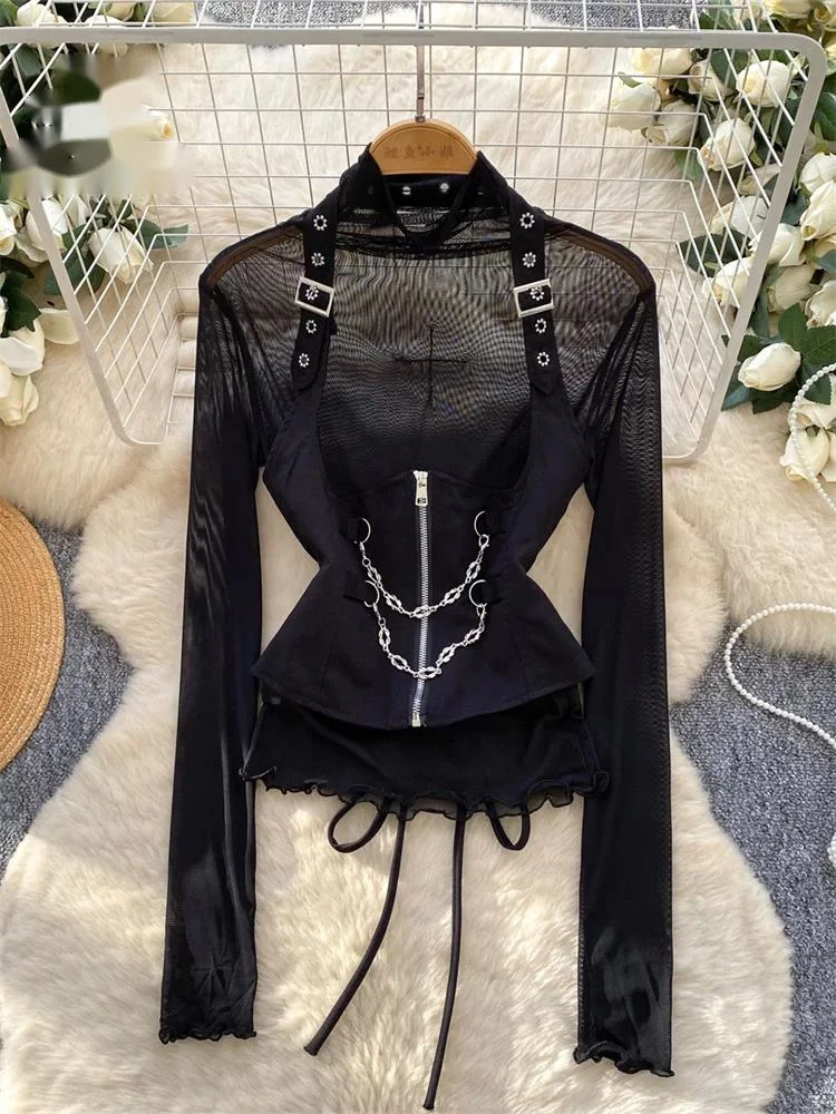 

Металлическая цепная уличная мода: топ-корсет с завязками на шее + сетчатая прозрачная майка, женский облегающий сексуальный клубный комплект из 2 предметов