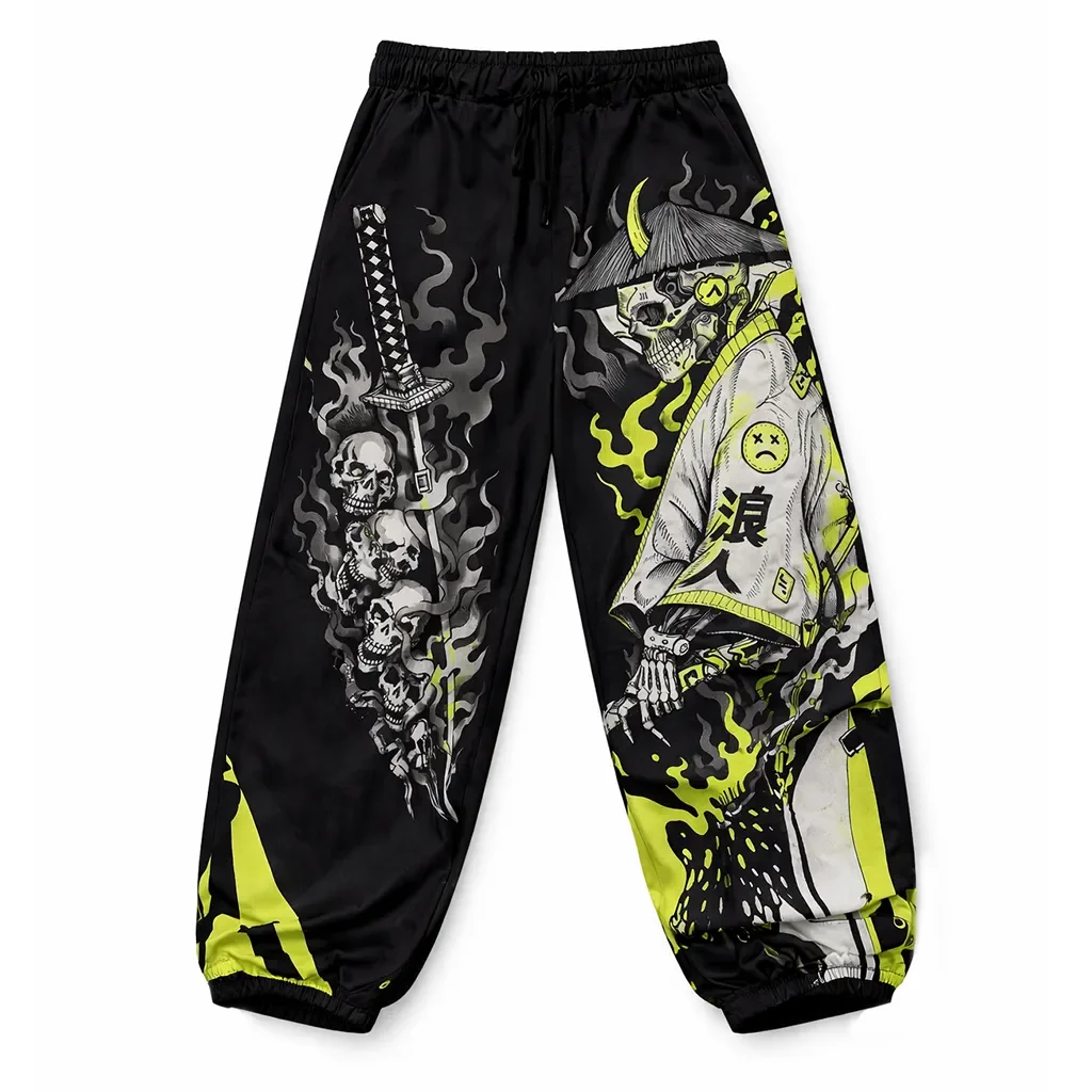 Men's Streetwear Jogging Pants with Japanese Ronin Skeleton Print, Flame Skeleton Samurai Sword Elastic Loose Casual Sportswear
