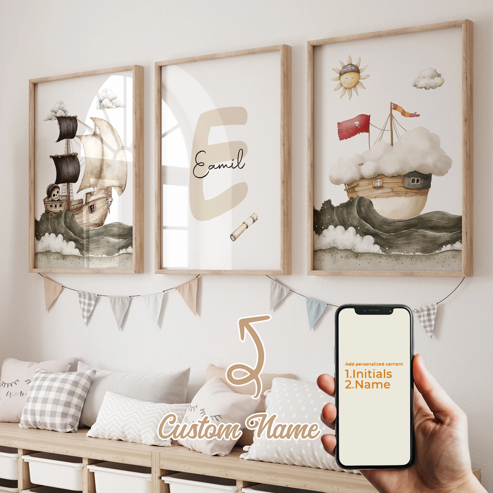 

3pcs Personalized Name Custom Pirate Ship Ocean Sailboat Sun Flag Wall Art Print Picture Living Room Kids Room Home Decor