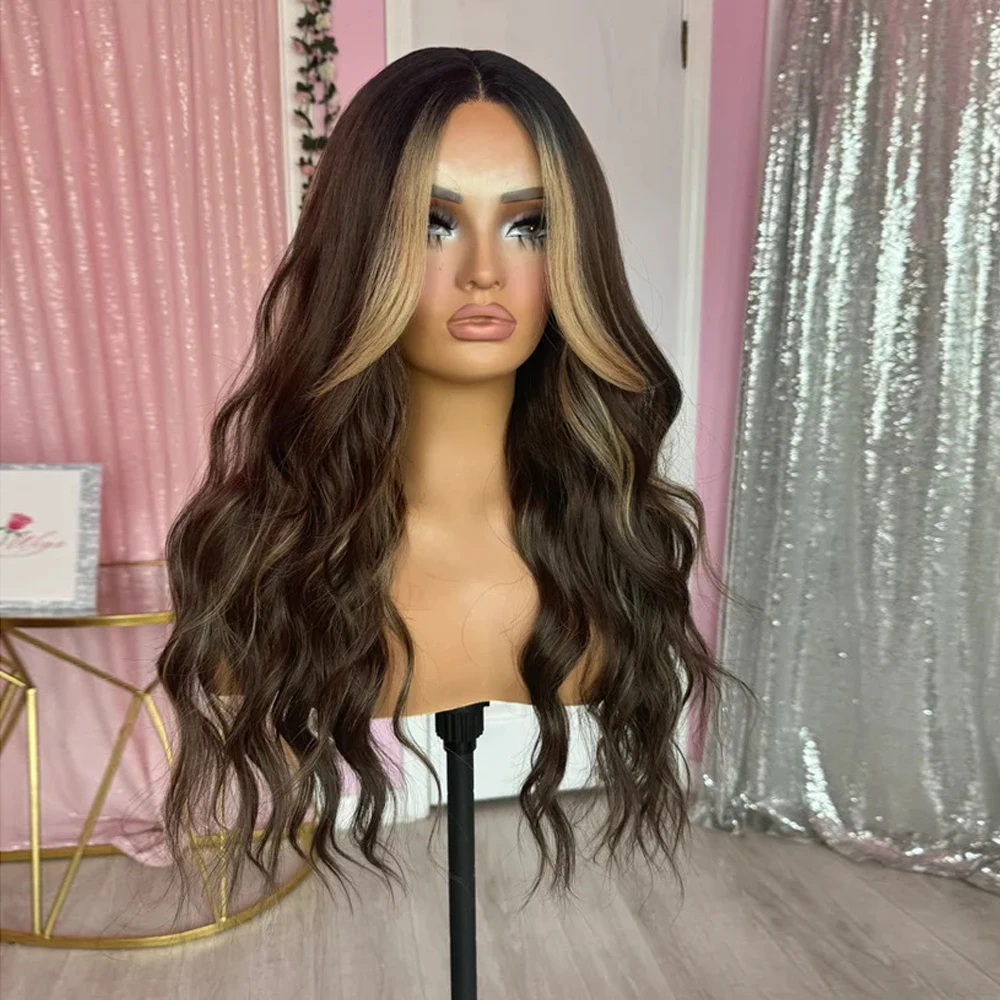 شعر مستعار بدانتيل أمامي سهل الاستخدام بطول 60.96 سم مع شريط مرن من الشعر البشري الاصطناعي المخلوط من الألياف الداكنة المموجة المقاومة للحرارة