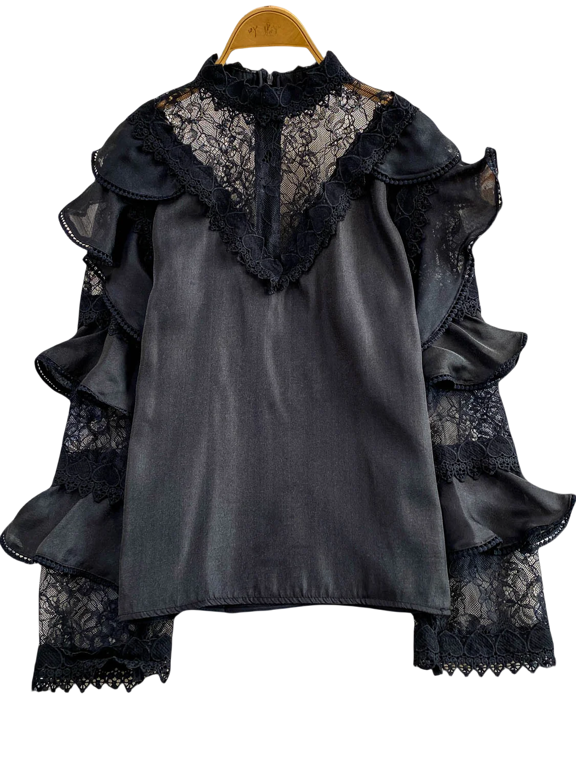 Retro Ele Court Sle Renda Emenda Chiffon redondo Ne Long Sve irt Mulheres Anti Envelhecimento Em Camadas Top Commute Coreano Loos...