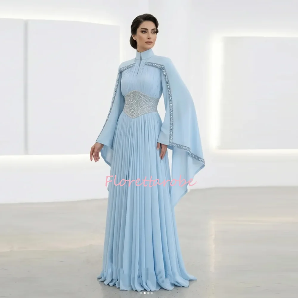 Marokkanisches Kaftan-Abendkleid aus Chiffon, A-Linie, lange Ärmel, hoher Kragen, Applikationen, Pailletten, Perlen, Dubai, arabische Ballkleider, maßgeschneidert
