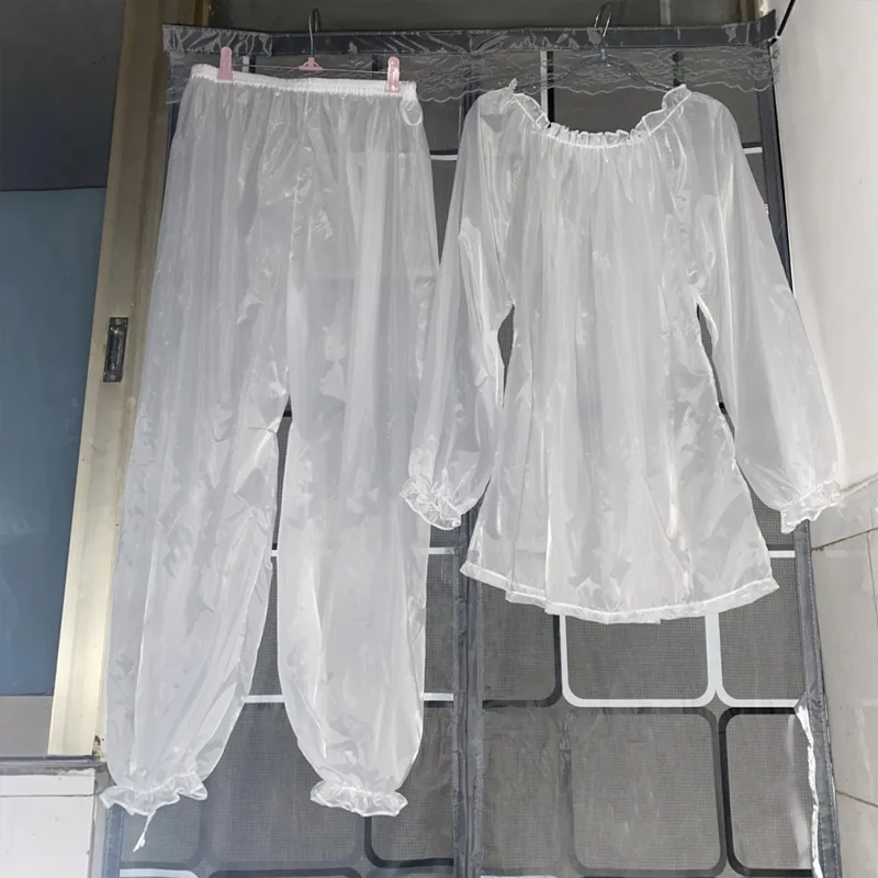 

40-110 кг, сексуальные прозрачные верхние брюки для мужчин и женщин, одежда для сна, мягкое платье для сна больших размеров, свободный пуловер с длинными рукавами и рюшами, пижамы