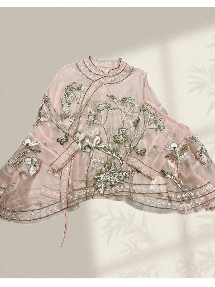 New Chinese-style traditional silk beaded embroidery button-down slanted lapel shirt style loose and elegant top