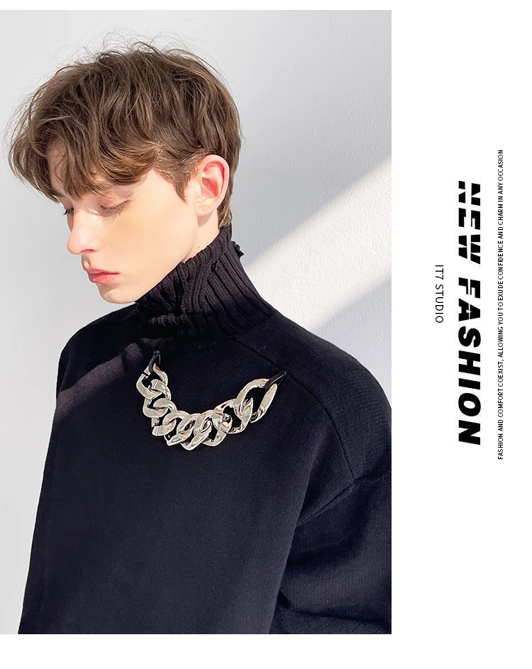 High Street Dark Black Winter Warm Sweatder Men's High Neck Iron Chain Decoration Streetwear Casual Sweater Tops