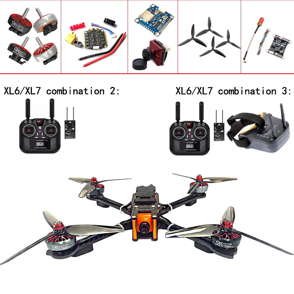 

Рейка из углеродного волокна XL6 / XL7 дюймов / F4 V3S Plus Flight Control / 4 шт. пропеллеров / 45A ESC / 2806.5 Motor / HT-8A / FPV Goggles