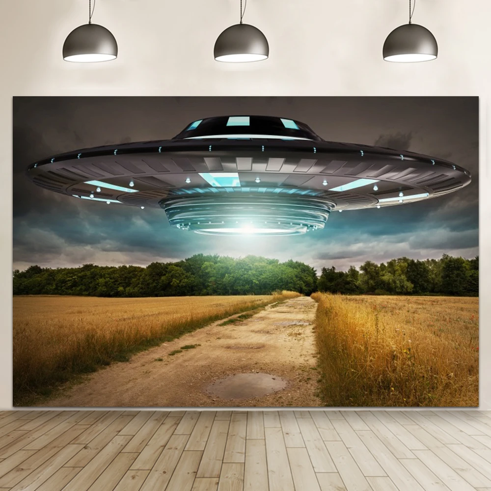 UFO Photographic Background Sci-Fi Spaceship Landing Photography Background Role Play Party Decoration Banner Photo Booth Props