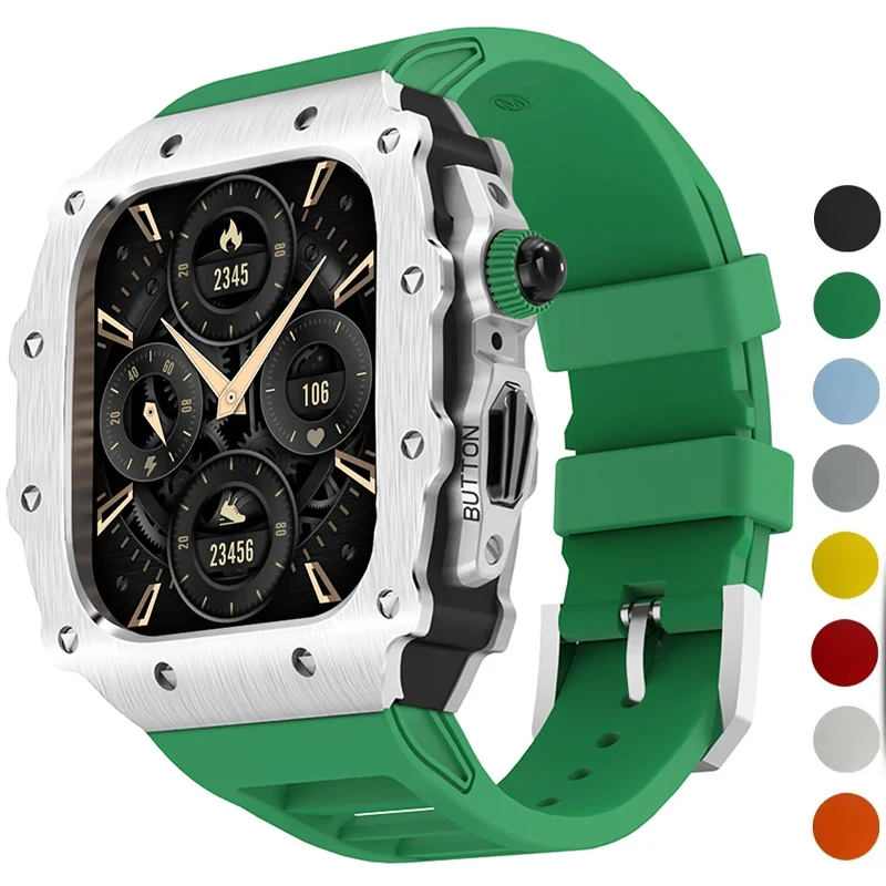 

Роскошный модификационный комплект для Apple Watch S11 S10 46 мм, силиконовый ремешок для IWatch 9 8 7 6 5 44 45 мм, модный чехол из нержавеющей стали