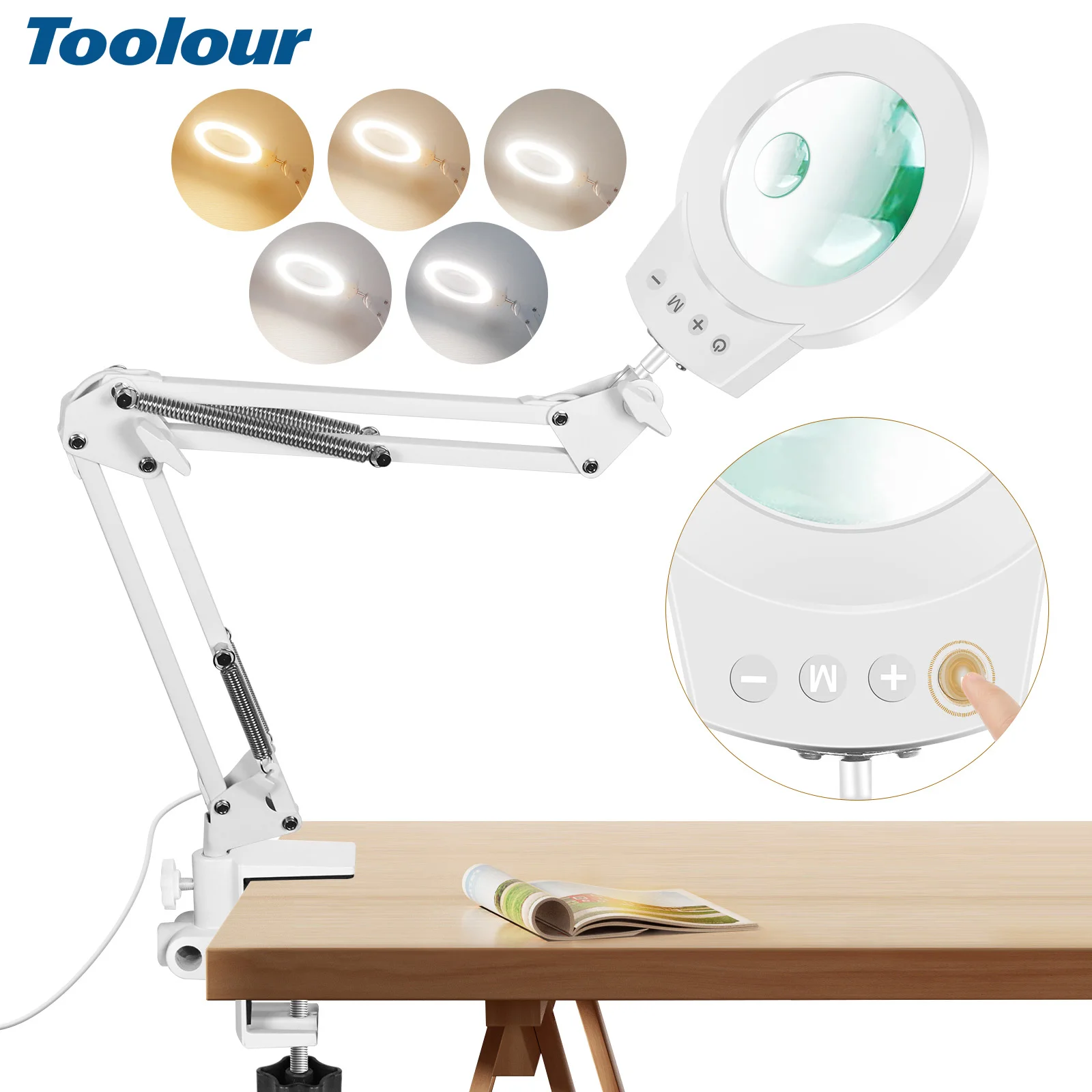 Toolour 5X&10X Magnifying Glass with Light and Clamp 5 Color Modes Stepless Dimmable Magnifying Lamp 108 LEDs Real Glass Lens