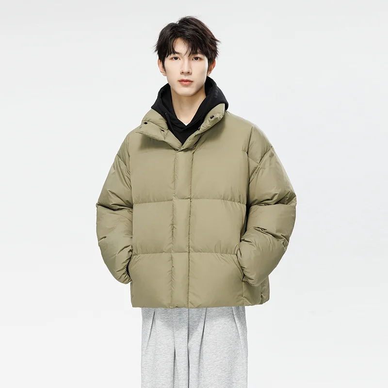 AJHL Men's White Duck Down Down Jacket Thick And Warm Loose Fitting Bread Jacket Short Standing Collar Winter Windproof Jacket