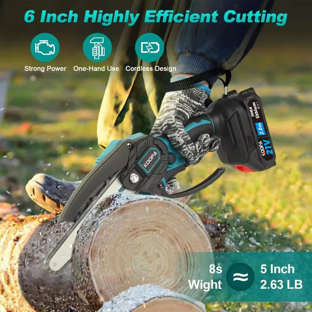 Koopa Tool Cordless Portable 6-Inch Mini Chainsaw, 2.0/4.0Ah Battery Powered 21V Handheld Small Chainsaw